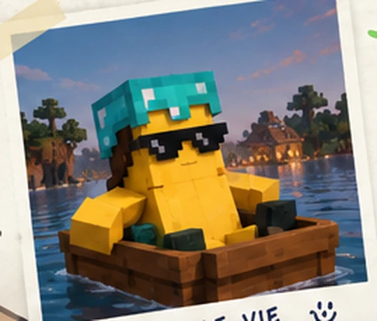 Illustration rigolote d'un homme-banane en armure dans une petite barque Minecraft