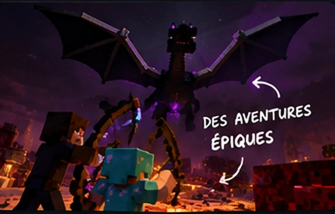 Des personnages Minecraft combattent un immense dragon dans une ambiance épique