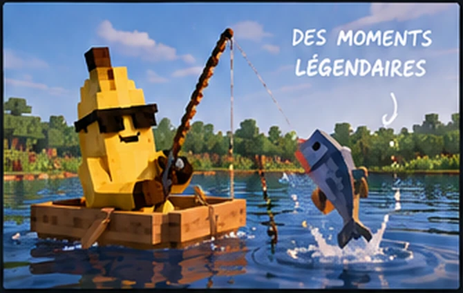 Homme-banane avec des lunettes de soleil pêchant dans une barque Minecraft