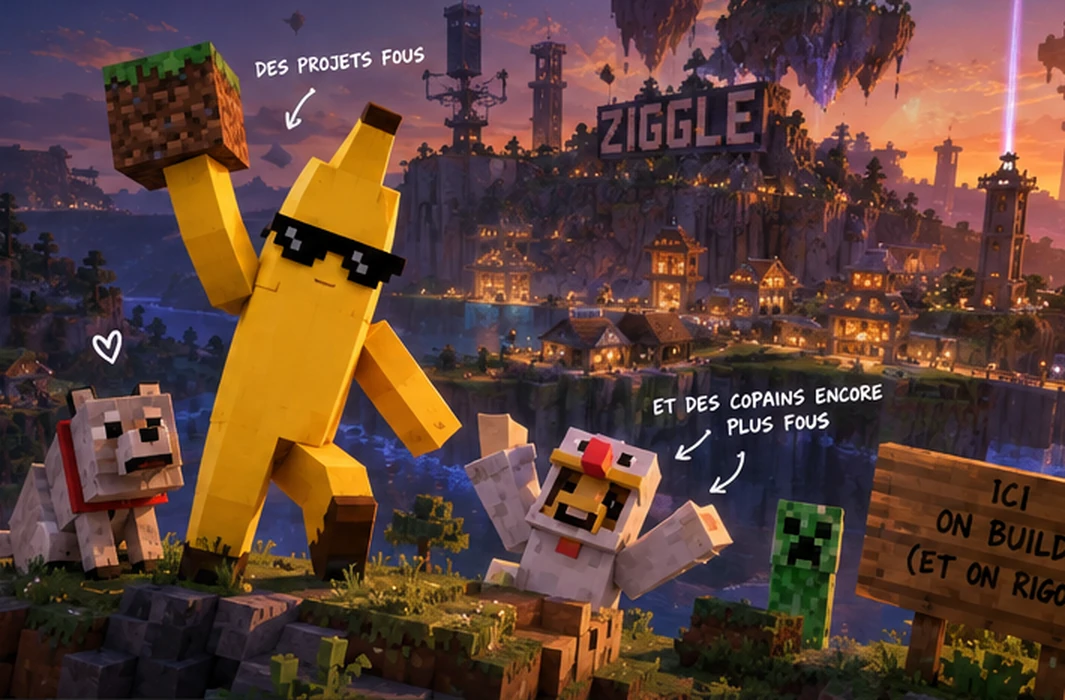 Illustration humoristique Minecraft : un homme-banane à lunettes, un loup et un poulet devant un village fantastique
